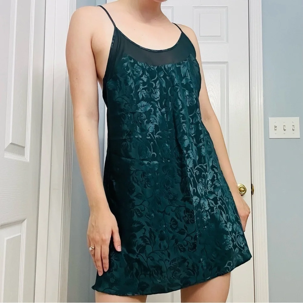 Vintage Slip Mini Babydoll Satin Mesh Green Floral Fairy Sexy 90s Medium - Picture 1 of 6